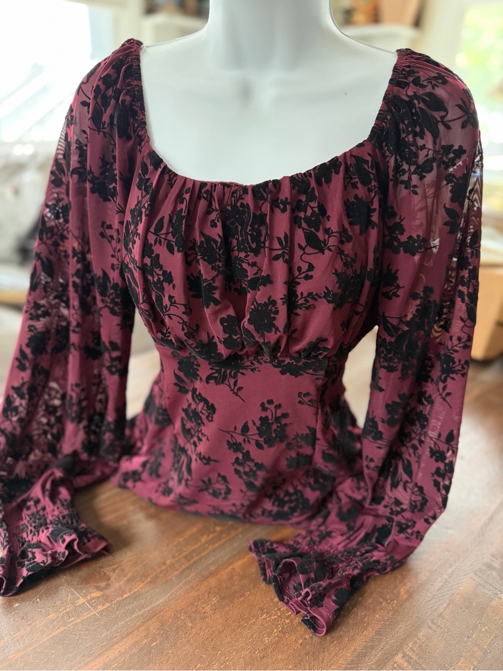 NWT Burgundy Floral Peasant Blouse with Black Burnout Print - XL - Picture 2 of 7